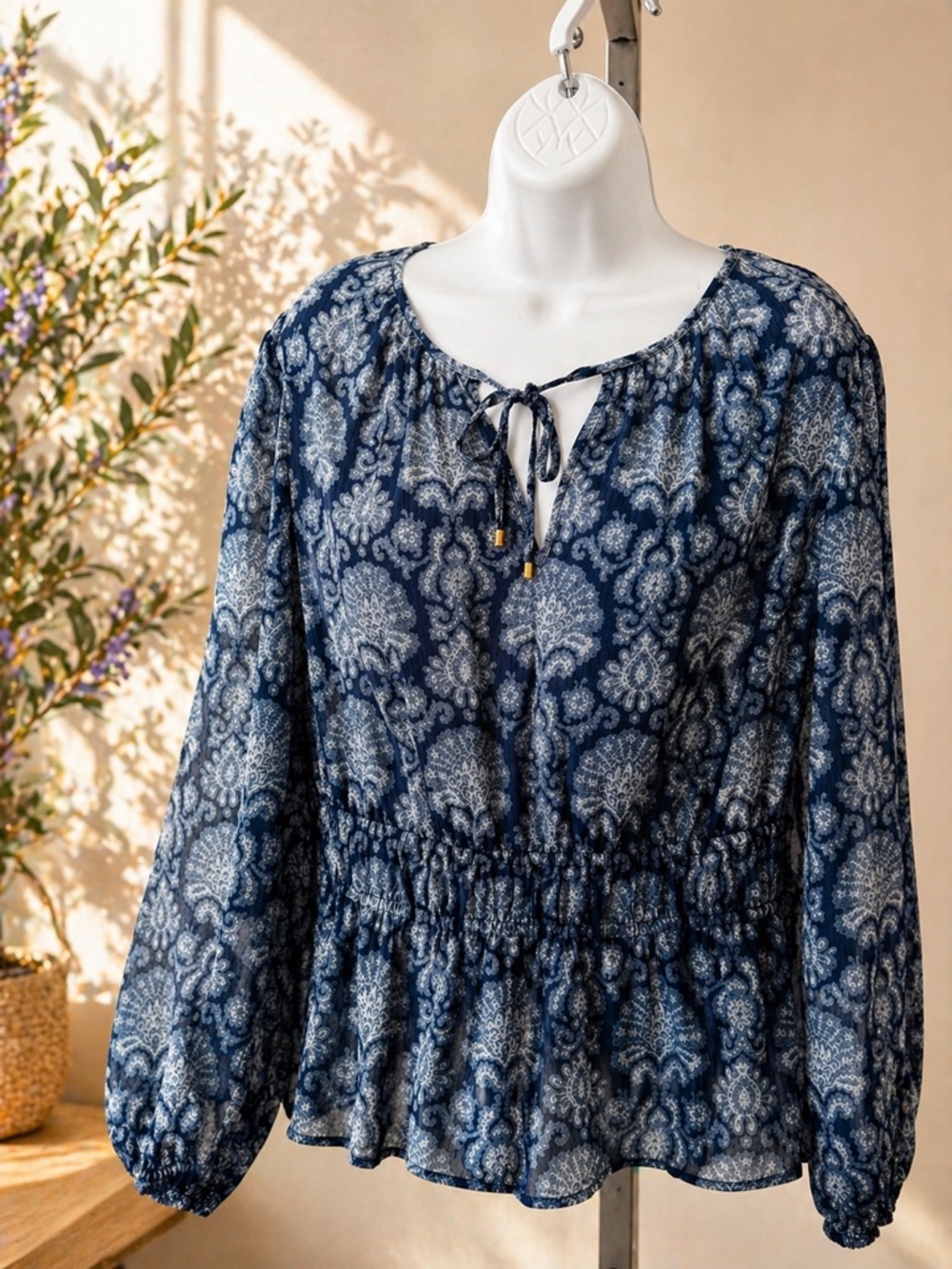 Michael Kors Navy Paisley Peasant Blouse Size L  Boho Lightweight Flowy Top